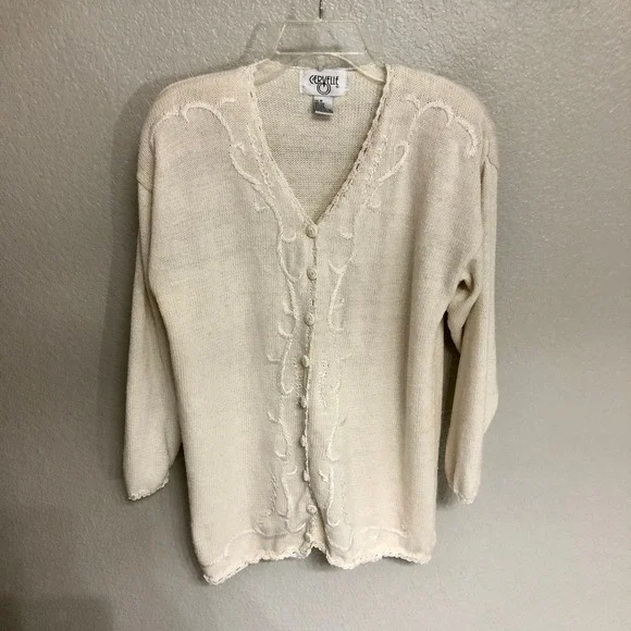 Cervelle Sweater Medium Cute Off White 90s Vintage V-Neck Cardigan Grandma Cozy - Picture 7 of 10